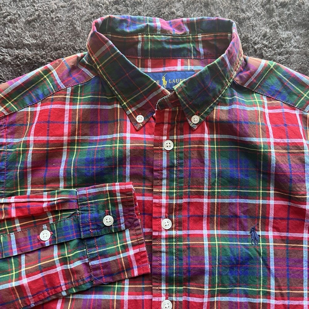 Ralph Lauren‎ Red Green Purple Christmas Plaid Long Sleeve Shirt Boys L 14-16